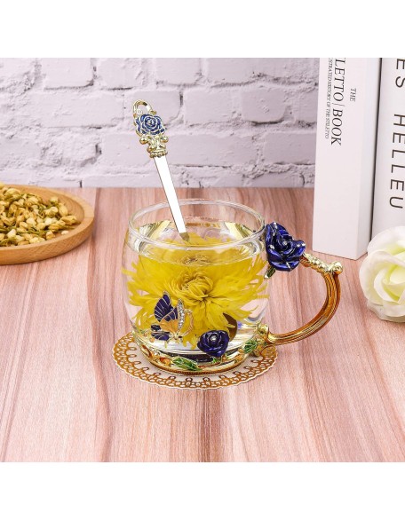 Tea Cup,Tea Party Tea Cups,Durable Sturdy Tea Cups and Saucers,used for Collection Tea Cup Set, Gifts for Mom Glass Tea Cups with Spoon