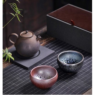 JianZhan Tenmoku Tea Coffee Cup Bowl Chinese Crafts Mug Designer Collection Ceremony Ancient Style Handmade (Mixed 2 colors gift box)