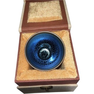 Blue Lotus Jianzhan Tenmokus Porcelain Tea Cup Ceramic Tea Bowl with great glaze 120ml 4.06oz Crafts Gift Box, Ø8.6 x 5.5cm(Ø3.39in x 2.17in)