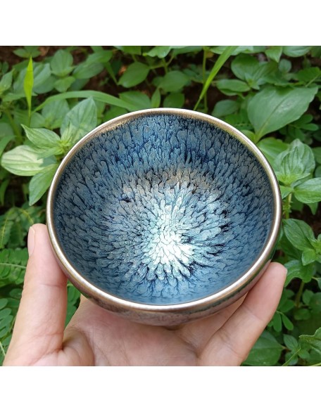 Bloom Tenmokus Tea Cup 130ml,Chinese Jianzhan Tea Bowl Iron Clay Natural Ore Glaze Fired in Kiln Porcelain Mug Gift Box, 9.0 x 5.0cm(3.54in x 1.97in)