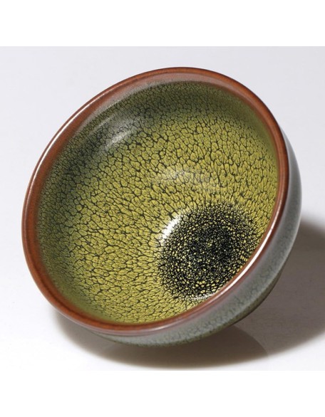 Jianzhan Tea Cups, Tenmoku Glaze Bowls Porcelain - 4.4oz / 130ml Green Partridge, Chinese Traditional Skill