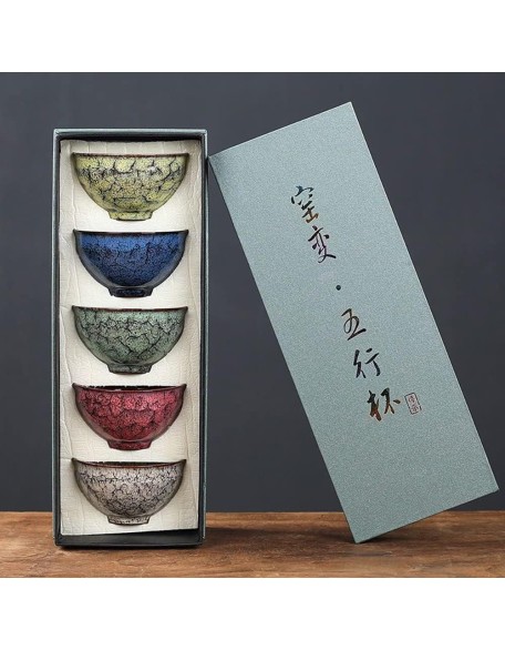 Ceramic Chinese Tea Set, China Teacup Coffee Cup Chinese Tea Cups,Tenmoku JianZhan Handmade Ceramic kung fu Tea Cup Anti-Scald Wide Mouth Teacup,Tea Bowl,Ceramic Mate CupSet of 5 (5 Colors) A05