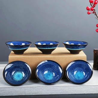 Kiln Glazed Ceramic Teacup Set - Set of 6 Hand-Pulled Purple Clay Jianzhan Tea Cup with Tianmu Pattern Handmade Yohen Tenmoku Tea Bowl Sake Cups (Blue Douli Cup)